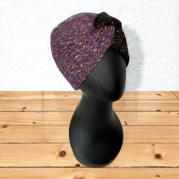 Handmade Cotton Alpaca Tweed Knit Twist Ear Warmers Purple Iris & Black Charcoal - Picture 3 of 10